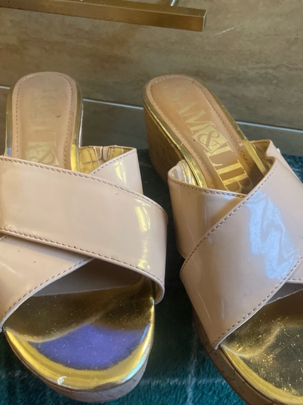 High Wedge Slide Sandals in Nude Patent
